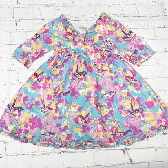 Garnet Hill Bird Print Wrap Neck Long Sleeved Dress Girls 2 Blue Pink Yellow - Picture 2 of 8